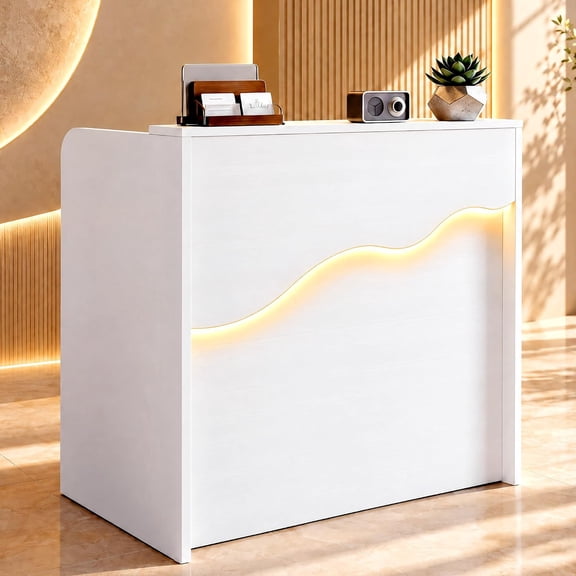 Reception Desk with Counter, Small Front Checkout Desk with Lockable Drawer, Cable Grommet, Spacious Work Surface, Easy Assembly for Salon, Lobby, Office and Home, White