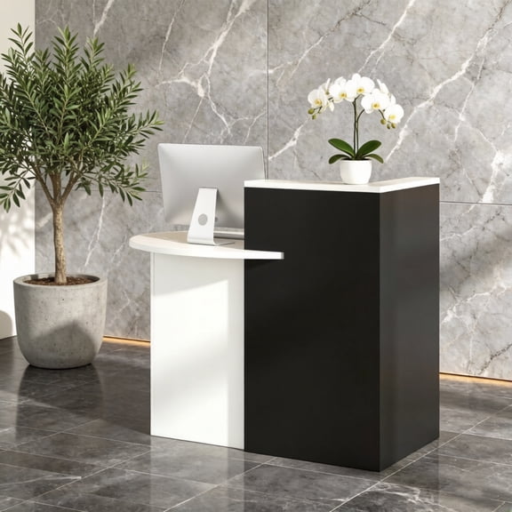 Reception Desk, Front Desk with Open Shelves, Lockable Drawer, Round Tabletop, Checkout Counter, Retail Counter, Computer Workstation for Office (Black Cabinet & White Desktop)