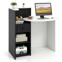 Reception Desk, Front Desk Reception Counter with Desktop, Open Shelf & Lockable Drawer, Small Retail Checkout Counter Table, Wood Computer Workstation for Home, Office, Lobby & Salon