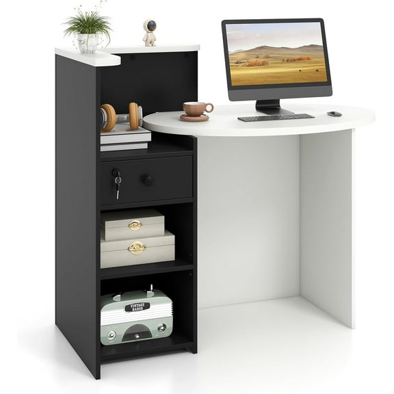 Reception Desk, Front Desk Reception Counter with Desktop, Open Shelf & Lockable Drawer, Small Retail Checkout Counter Table, Wood Computer Workstation for Home, Office, Lobby & Salon