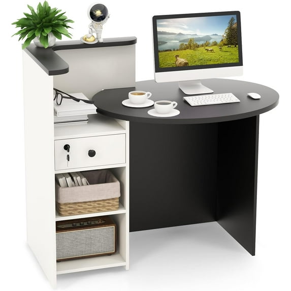Reception Desk, Front Desk Reception Counter with Desktop, Open Shelf & Lockable Drawer, Small Retail Checkout Counter Table, Wood Computer Workstation for Home, Office, Lobby & Salon