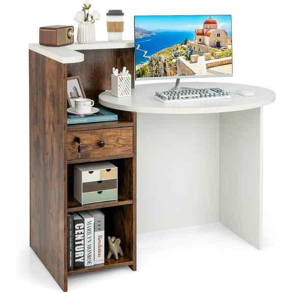 Reception Desk, Front Desk Reception Counter with Oval Desktop, Open Shelf & Lockable Drawer, Small Retail Checkout Counter Table, Wood Computer Workstation for Home, Office, Lobby & Salon