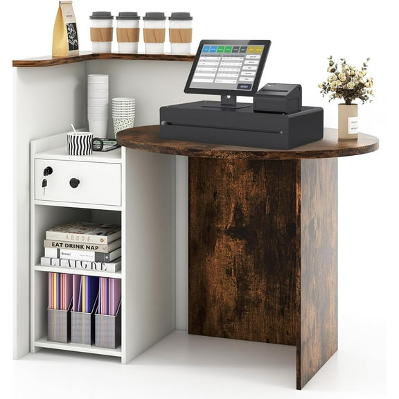 Reception Desk, Front Desk Reception Counter with Desktop, Open Shelf & Lockable Drawer, Small Retail Checkout Counter Table, Wood Computer Workstation for Home, Office, Lobby & Salon
