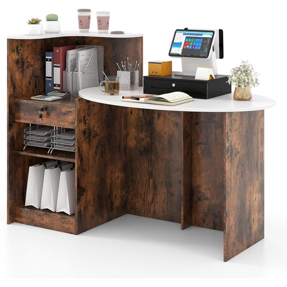 Reception Desk with Lockable Drawer & Adjustable Shelf, Front Counter with Oval Tabletop, Retail Register Stand, Office Computer Desk for Hotel, White + Rustic Brown
