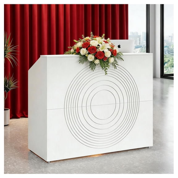 Reception Desk Modern Front Desk Counter Table with Open Shelves - 46.5" White Receptionist Desk for Office, Boutique, Salon, Circular Texture