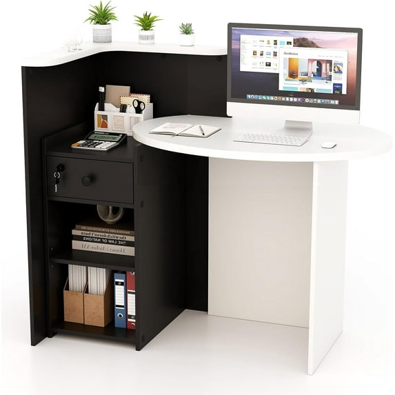 Reception Desk, Retail Checkout Counter with Lockable Drawer and Open Shelves, Wooden Front Desk Reception Counter, Desktop & Counter for Store Office Lobby Salon