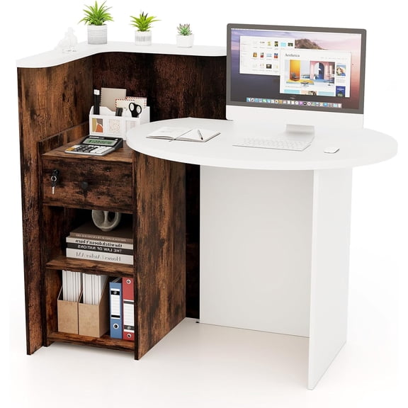 Reception Desk, Retail Checkout Counter with Lockable Drawer and Open Shelves, Wooden Front Desk Reception Counter, Desktop & Counter for Store Office Lobby Salon