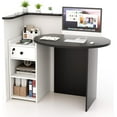 thumbnail image 1 of Reception Desk, Small Retail Checkout Counter with Lockable Drawer and Open Shelves, Wooden Computer Workstation for Home Office Lobby, White Oval Desktop & Black Counter, 1 of 9