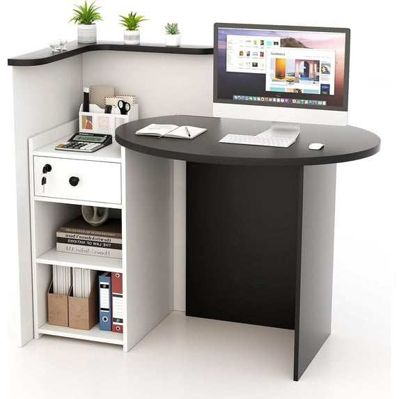 Reception Desk, Small Retail Checkout Counter with Lockable Drawer and Open Shelves, Wooden Computer Workstation for Home Office Lobby, White Oval Desktop & Black Counter
