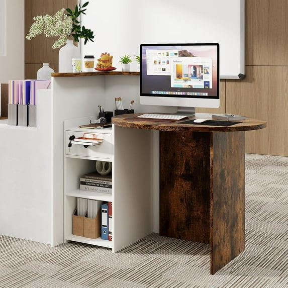 Reception Desk, Small Retail Checkout Counter with Lockable Drawer and Open Shelves, Wooden Front Desk Reception Counter, Oval Desktop & L Counter for Store Office Lobby Salon (Brown & White)