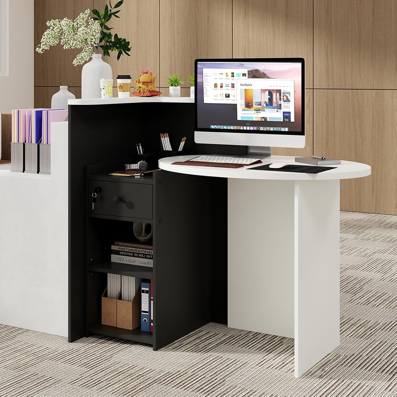 Reception Desk, Small Retail Checkout Counter with Lockable Drawer and Open Shelves, Wooden Front Desk Reception Counter, Oval Desktop & L Counter for Store Office Lobby Salon (Black & White)