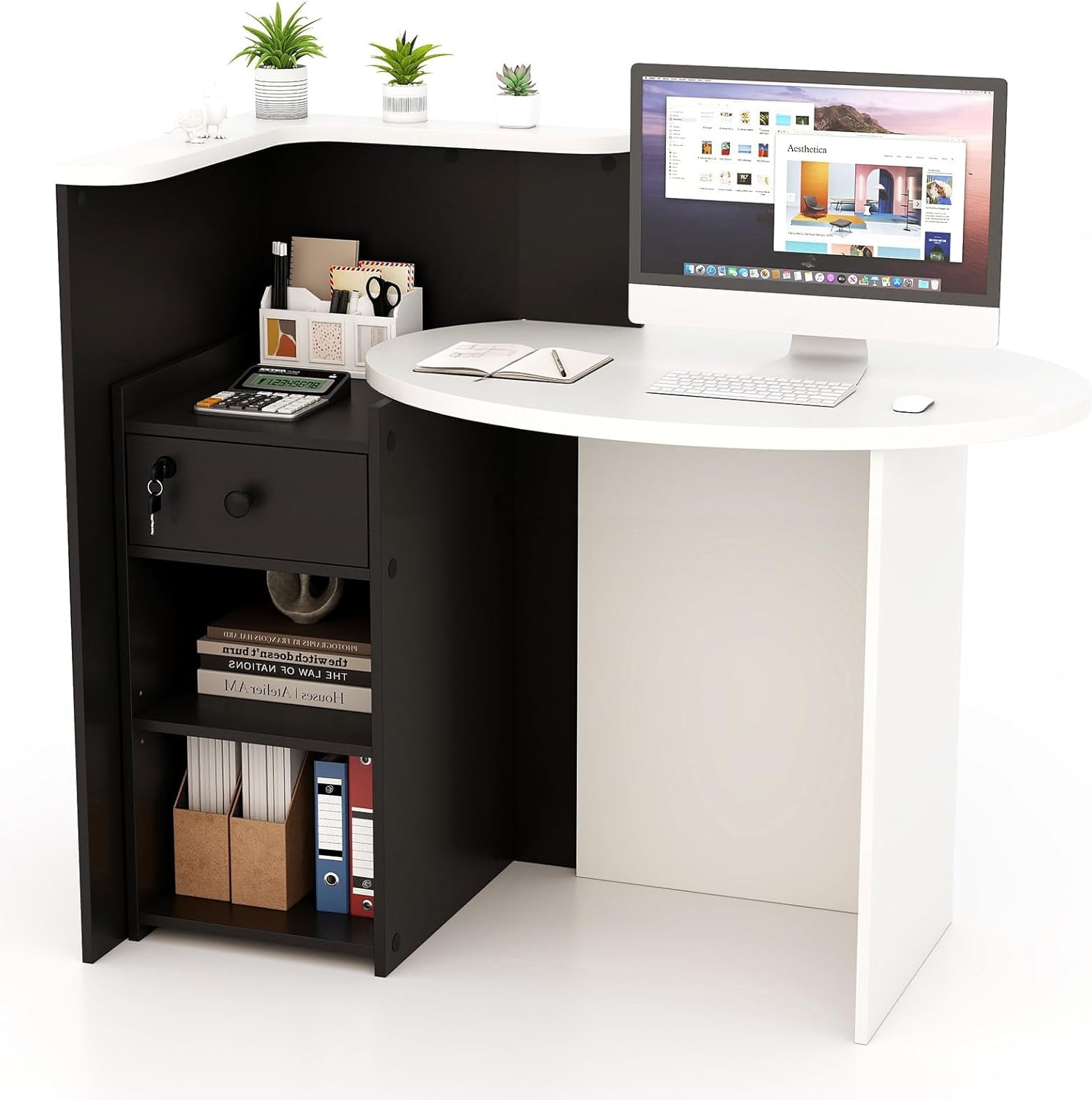 Reception Desk, Small Retail Checkout Counter with Lockable Drawer and Open Shelves, Wooden Front Desk Reception Counter, Oval Desktop & L Counter for Store Office Lobby Salon (White & Black)