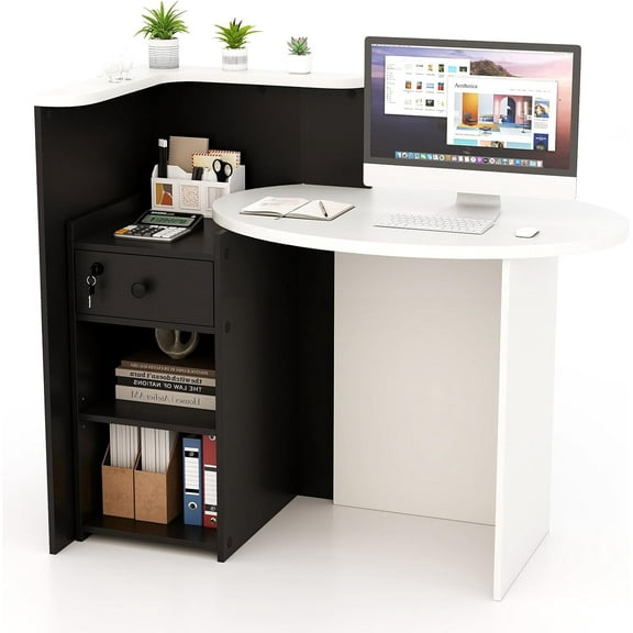 Reception Desk, Small Retail Checkout Counter with Lockable Drawer and Open Shelves, Wooden Front Desk Reception Counter, Oval Desktop & L Counter for Store Office Lobby Salon (White & Black)