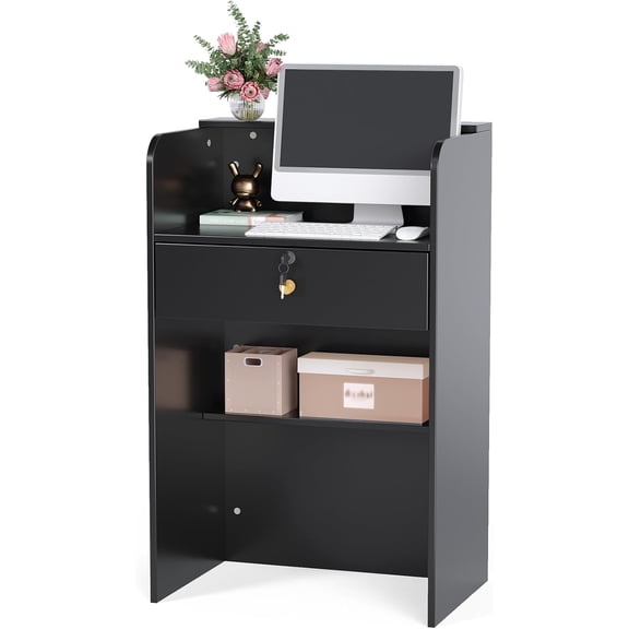 Reception Desk with Counter, Small Front Checkout Desk w/Lockable Drawer, Wooden Modern Reception Table for Salon Lobby Office Home (Black, 24)