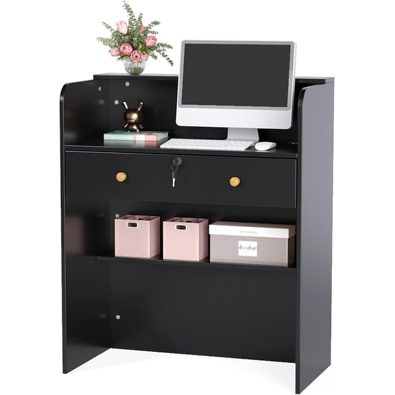 Reception Desk with Counter, Small Front Checkout Desk w/Lockable Drawer, Wooden Modern Reception Table for Salon Lobby Office Home (Black, 32)