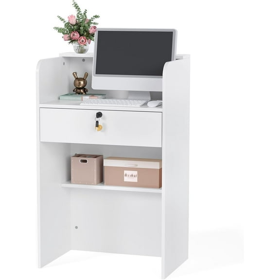 Reception Desk with Counter, Small Front Desk w/Lockable Drawer, Wooden Modern Reception Table for Salon Lobby Office Home (White, 24")