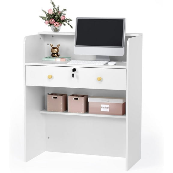 Reception Desk with Counter, Small Front Desk w/Lockable Drawer, Wooden Modern Reception Table for Salon Lobby Office Home (White, 32)