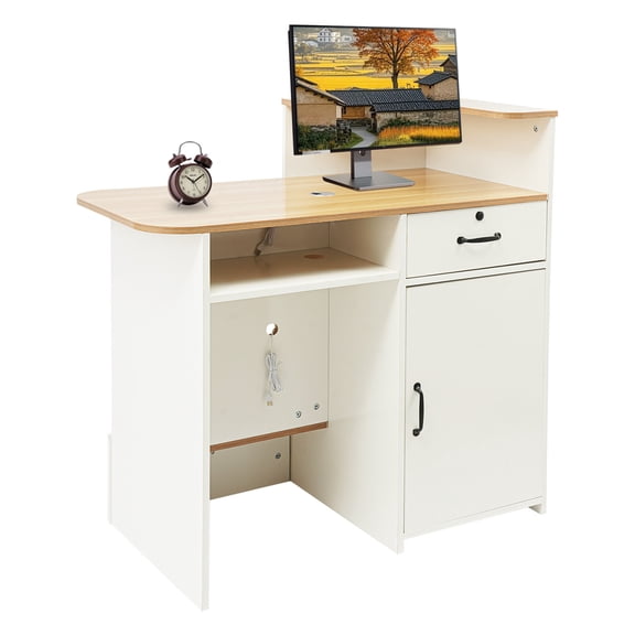 Reception Desk with LED Lights Office Front Counter with Storage Cabinet