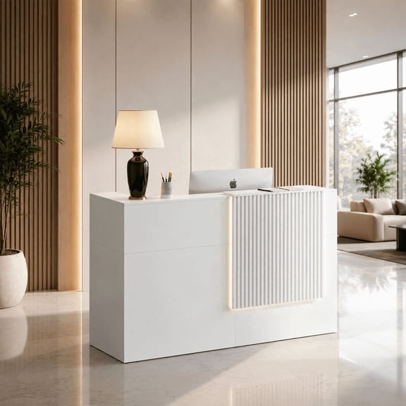 63" Modern Reception Desk with Wooden Grille Front Design, Built-in Power Outlets and Lockable Drawers for Salon, Office, Lobby or Retail Store, White