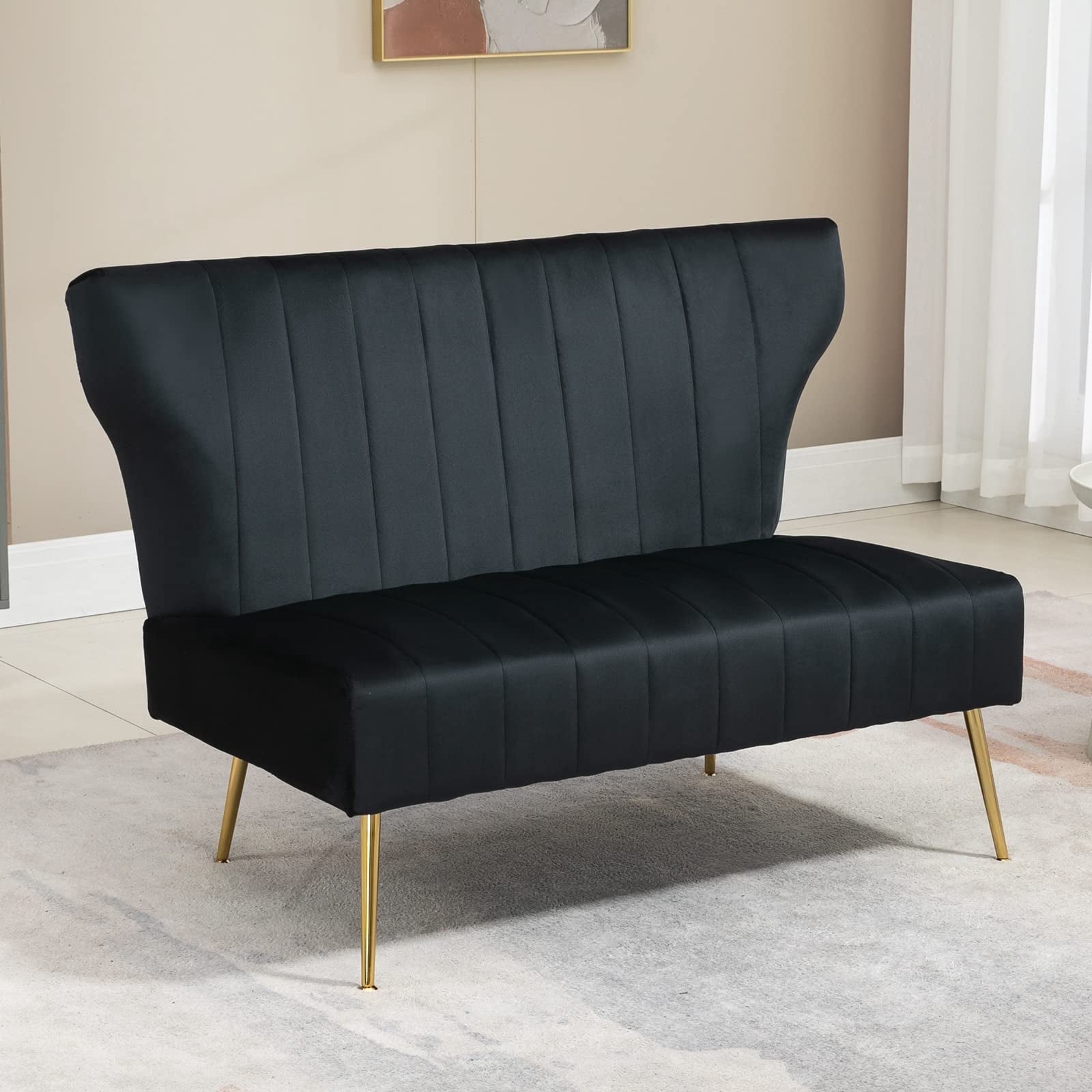 Reception Velvet Loveset Sofa with Golden Legs, Black