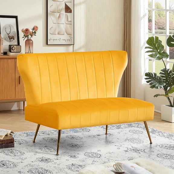 Reception Velvet Loveset Sofa with Golden Legs, Yellow