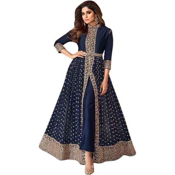 Reception Wear Designer Anarkali Gown Dress Indian Pakistani Salwar Kameez Suits ( Blue, XXL - 46 )