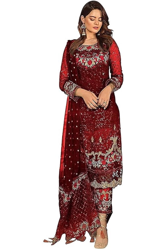 Reception Wear Indian Designer Shalwar Kameez Outfits Pakistani Trouser Pant Suits ( Red, 5XL - 52 )