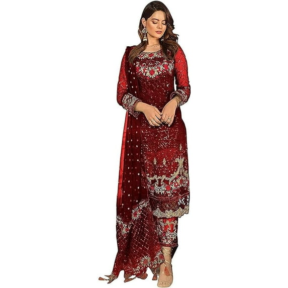 Reception Wear Indian Designer Shalwar Kameez Outfits Pakistani Trouser Pant Suits ( Red, M - 40 )