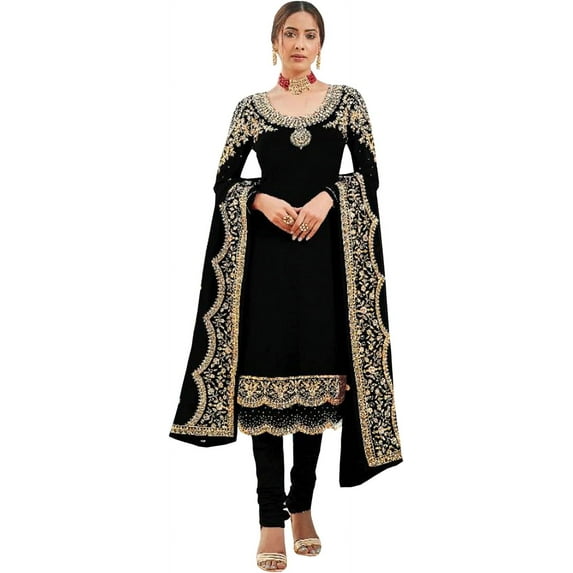Reception Wear Indian Pakistani Designer Sewn Churidar Salwar Kameez Outfits ( Black, S - 38 )