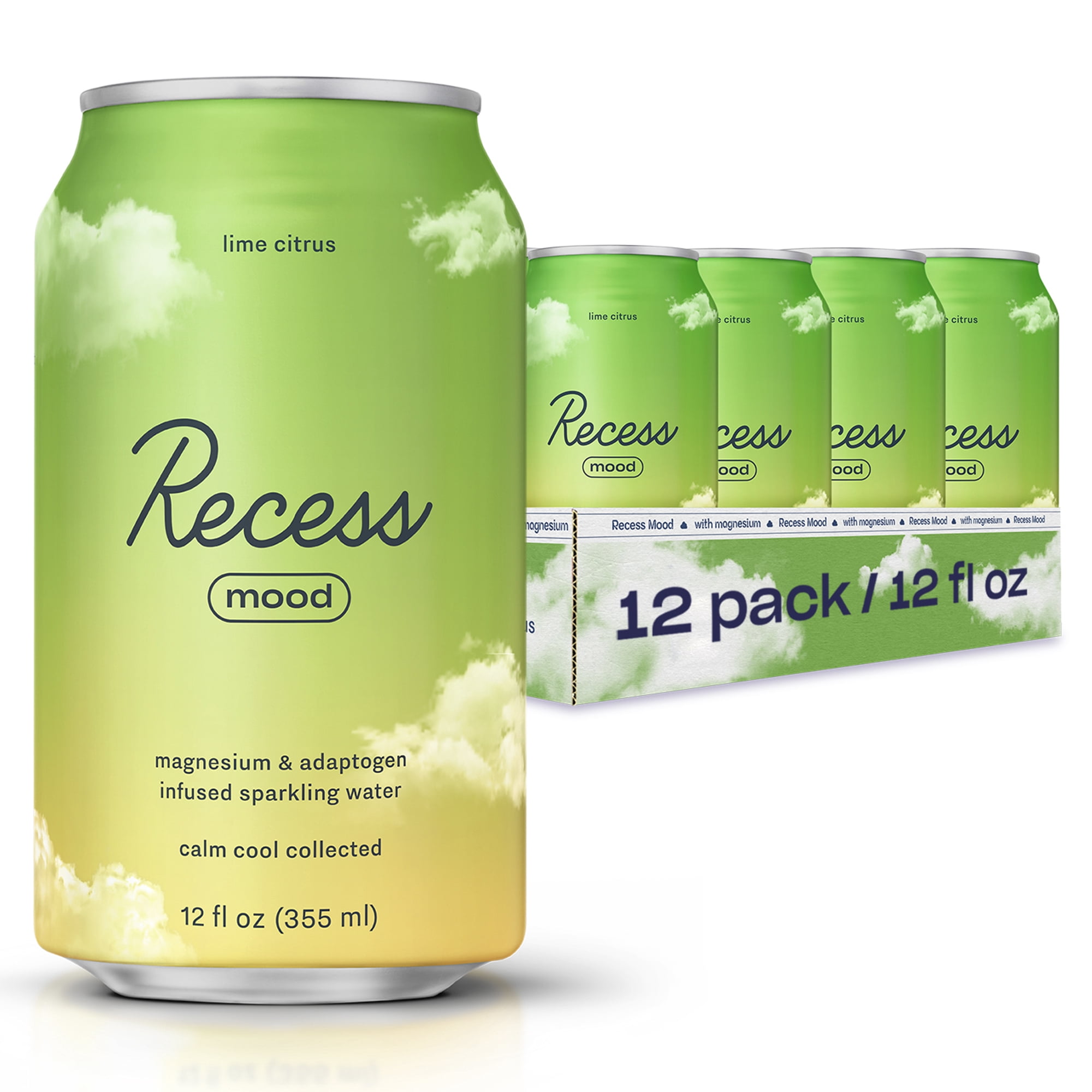 Recess Mood Lime Citrus Magnesium & Adaptogen Drink, Relaxation Beverage 12oz 12-Pack (144oz)