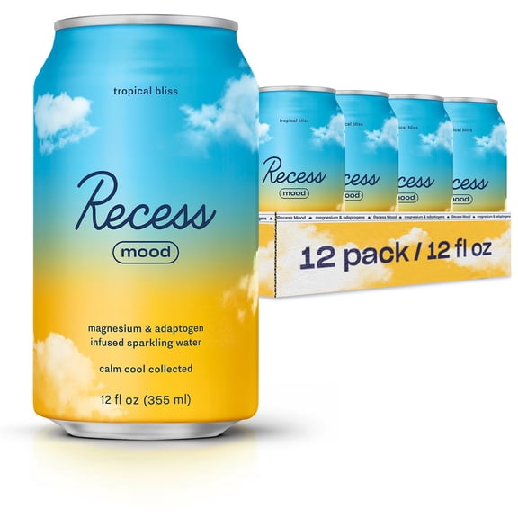 Recess Mood Tropical Bliss Magnesium & Adaptogen Sparkling Drink, 12 fl oz Cans, 12 Pack