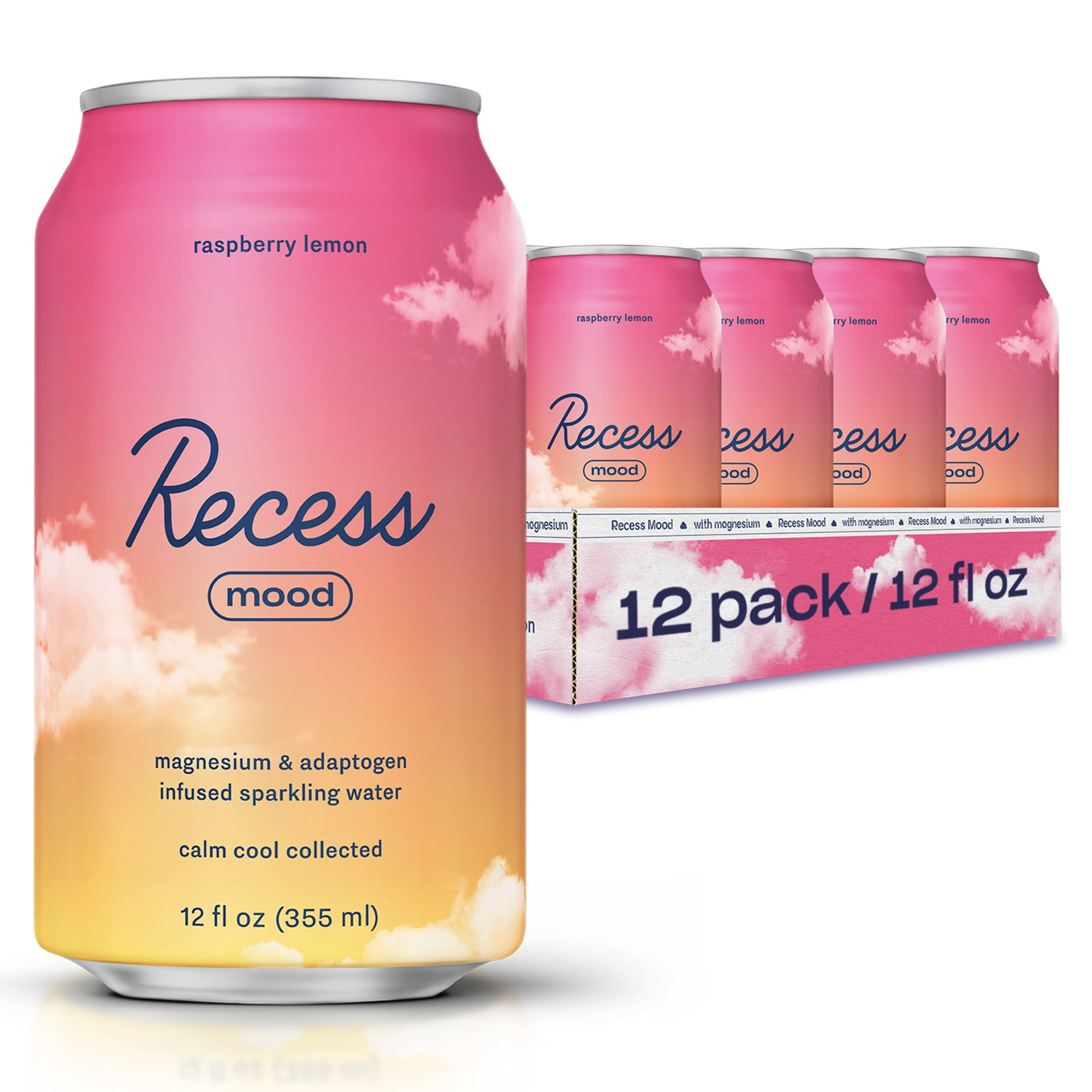 Recess Mood Raspberry Lemon Magnesium & Adaptogen Drink, Relaxation Beverage 12oz 12-Pack( 144oz)