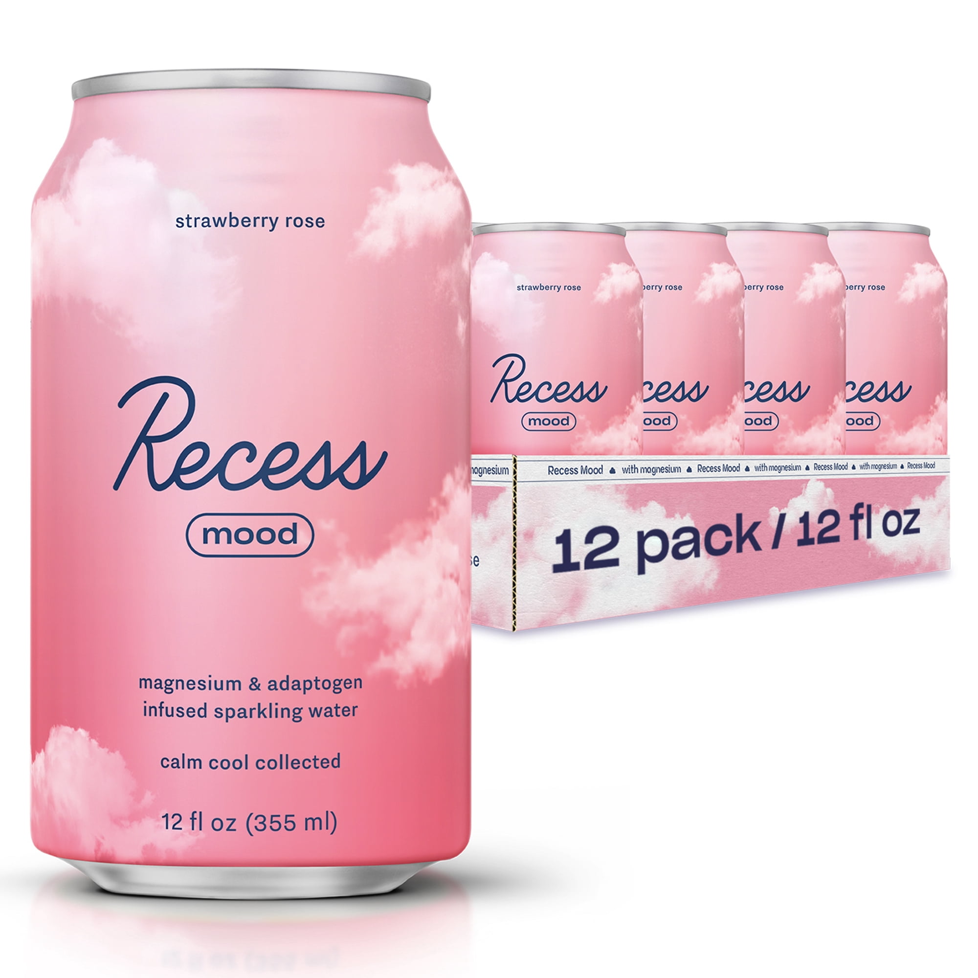 Recess Mood Strawberry Rose Magnesium & Adaptogen Drink, Relaxation Beverage 12oz 12-Pack (144oz)