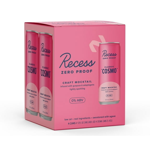 Recess Zero Proof Craft Mocktail, Classic Cosmo, 12 fl oz Aluminum Cans, 4 Pack, Alcohol-Free Drink with Adaptogens, Non-Alcoholic Beverage, Liquid