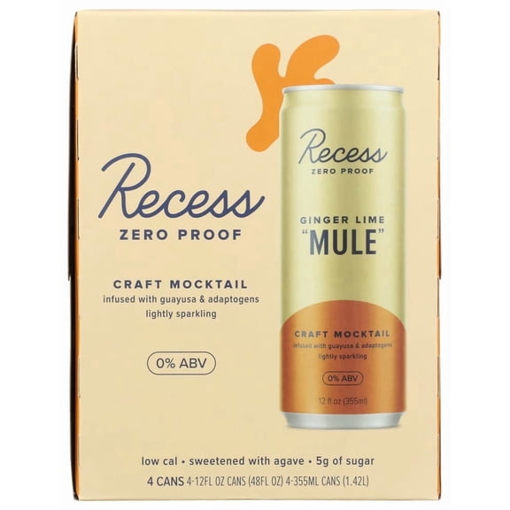 Recess Zero Proof Craft Mocktail, Ginger Lime Mule, 12 fl oz Aluminum Cans, 4 Pack, Alcohol-Free Drink with Adaptogens, Non-Alcoholic Beverage, Liquid
