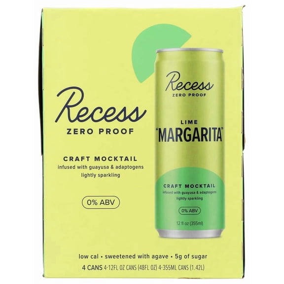 Recess Zero Proof Craft Mocktail, Lime Margarita, 12 fl oz Aluminum Cans, 4 Pack, Alcohol-Free Drink with Adaptogens, Non-Alcoholic Beverage, Liquid