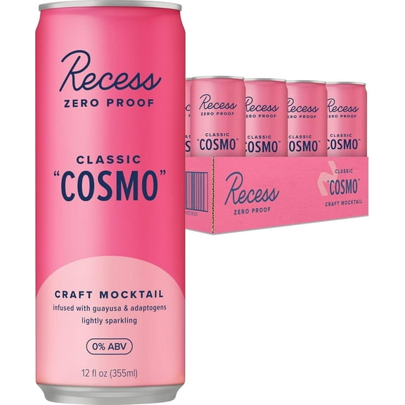 Recess Zero Proof Craft Mocktail, Classic Cosmo, 12 fl oz Aluminum Cans, 12 Pack, Alcohol-Free Drink with Adaptogens, Non-Alcoholic Beverage, Liquid