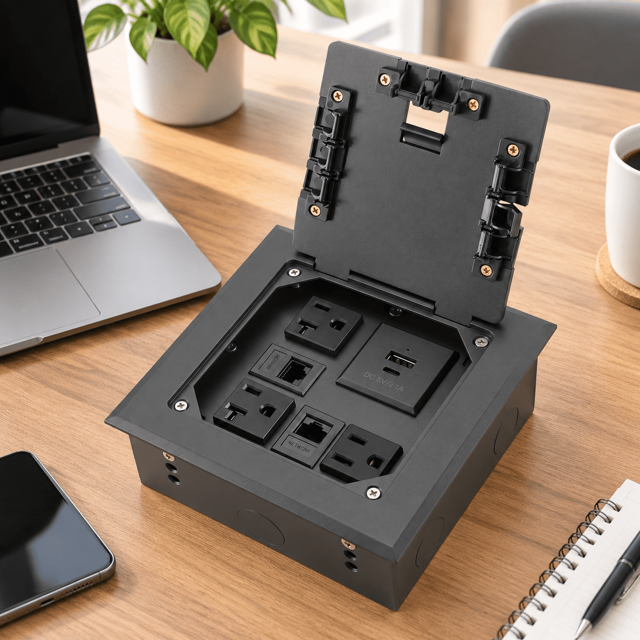 Recessed Floor Outlet Box with 2 RJ45 Ports, 3 AC Power Sockets, and ...
