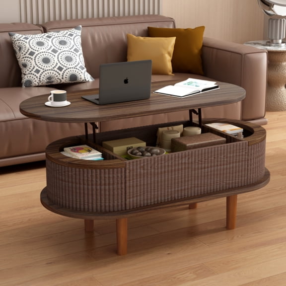 Recessed, Height-Adjustable Coffee Table with Hidden Storage, Wooden Coffee Table, Modern Oval Height-Adjustable Tabletop, Suitable for Home Living Rooms and Offices, Walnut Finish