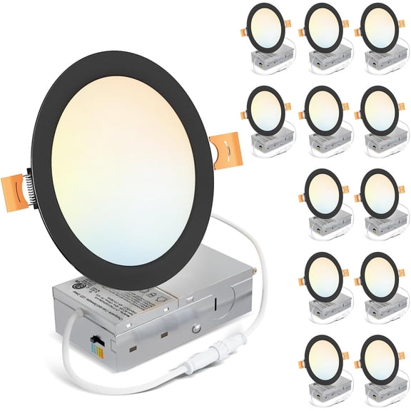 Recessed Lighting 6 Inch 12 , -Thin  Ceiling Lights 1200LM 2700K-5000K 5CCT Dimmable Canless Recessed Lights Wafer  Lights for Kitchen , ETL,FCC&IC, Black