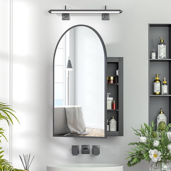 Recessed Medicine Cabinet with Mirror,Arched Medicine Cabinet Mirrors for Bathroom,Brushed Black Medicine Cabinets in Wall,Bathroom Mirror with Storage,Mirrored Medicine Cabinets 20x30