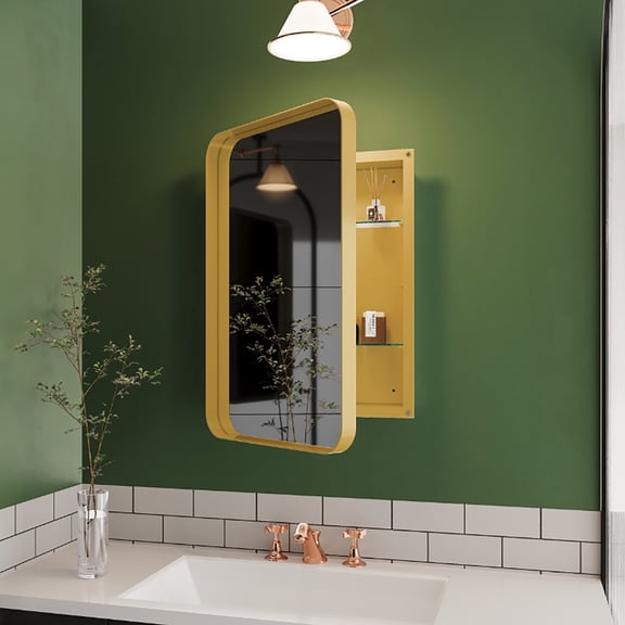 Recessed Metal Framed Medicine Cabinet with Mirror 16x24 Inch, Bathroom Storage with Adjustable Shelves, Matte Gold