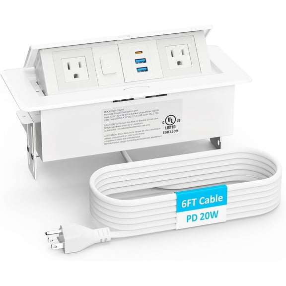 Recessed Power Strip with 2 AC, 2 -A, -C Ports, Pop Up Power Outlet with PD 20W  C  , Receptacle Outlet with  and 6FT Cord for Conference Office Countertop ,White
