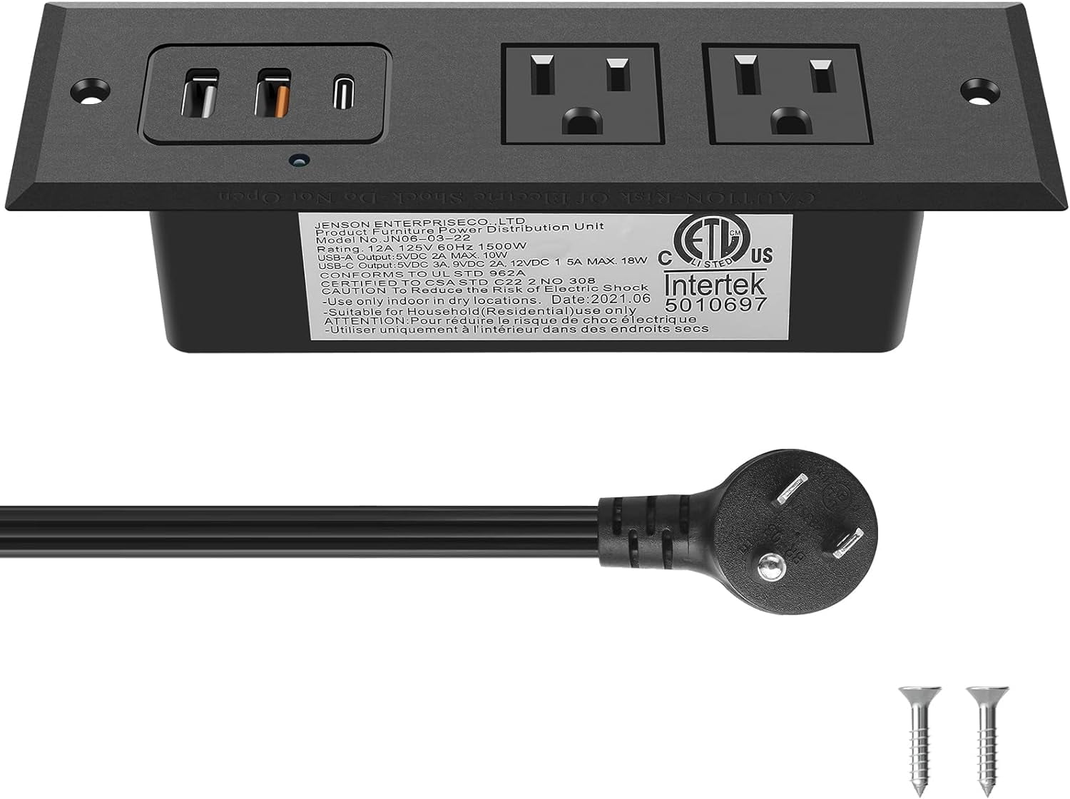 Recessed Power Strip with 20W USB C Port, Fast Charging USB A Port Desk Outlet, Furniture Hidden Charging Station for Side Table, End Table, with 6FT 45 Degree Flat Plug Extension Cord,Black