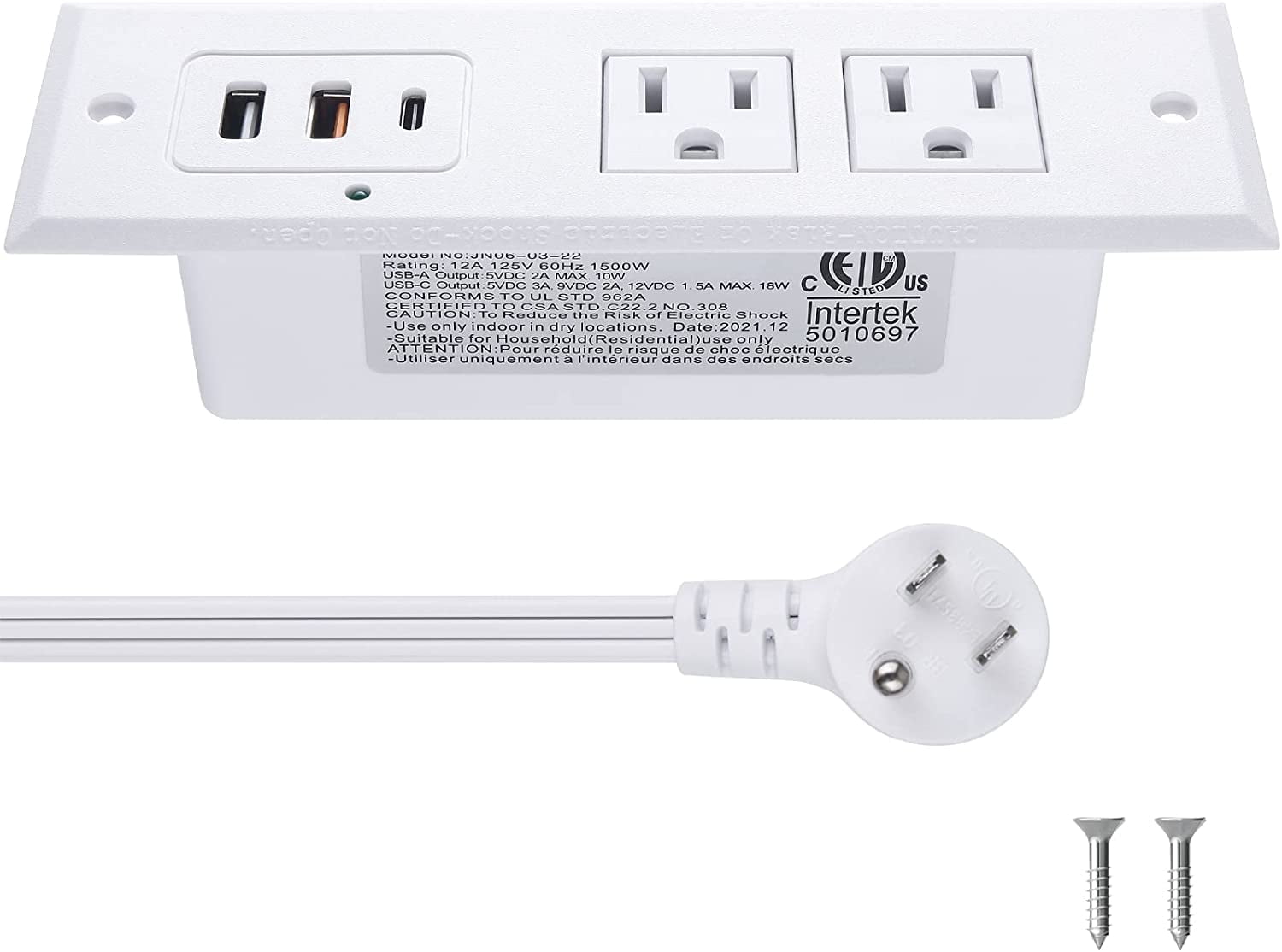 Recessed Power Strip with 20W USB C Port, Fast Charging USB A Port Desk Outlet, Furniture Hidden Charging Station for Side Table, End Table, with 6FT 45 Degree Flat Plug Extension Cord,White