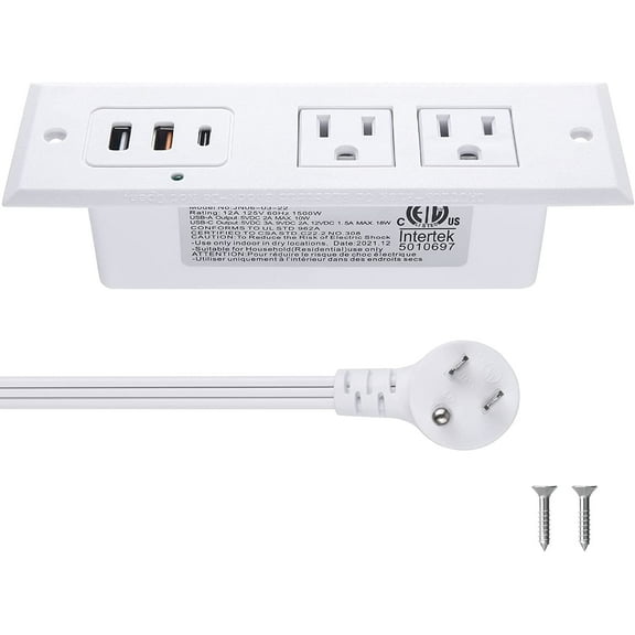 Recessed Power Strip with 20W USB C Port, Fast Charging USB A Port Desk Outlet, Furniture Hidden Charging Station for Side Table, End Table, with 6FT 45 Degree Flat Plug Extension Cord,White