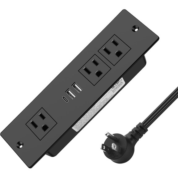 Recessed Power Strip, Furniture Drawer Outlet with 20W PD USB-C & 18W QC3.0 USB-A, Plug in 3 Outlets & USB Ports, Flush Mount 3FT Flat Extension Cord Conference Desk Outlets Black