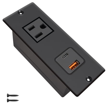 Recessed Power Strip USB C 20W PD Fast Charge Desk Power Outlet Type C 1 Outlet 2 Quick Charge USB Flush Mounted Long Extension Cord for Nightsand Couch Dorm Black