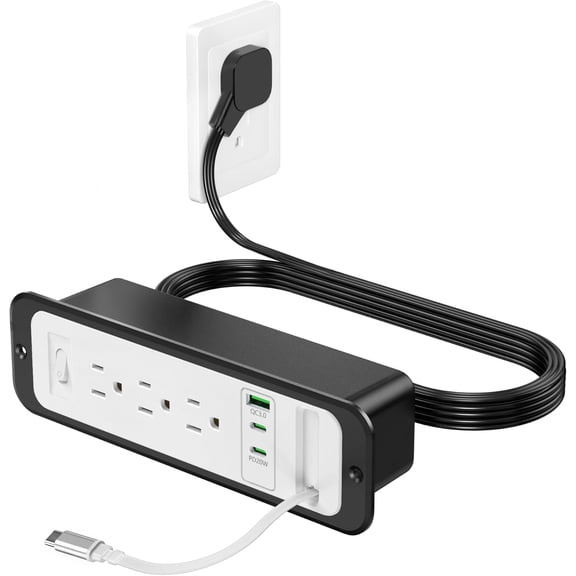 Recessed with Retractable USB C Cable,2 PD 20W USB C,Flush Mount Countertop Drawer Outlet, Furniture Hidden Outlet for Side Table,End Table,3 Outlets (White and Black, 6FT-20W)