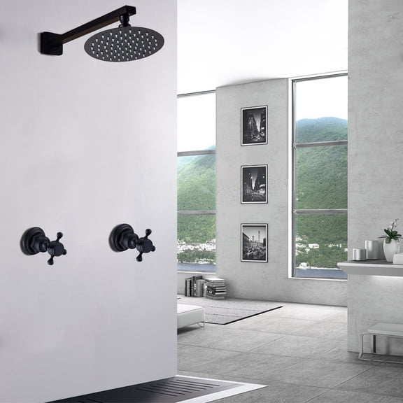 Recessed Shower System, 8-Inch Black Dual Shower Head Set, Wall Mounted Shower Fixture with 360 Swivel Showerhead for Small Bathroom